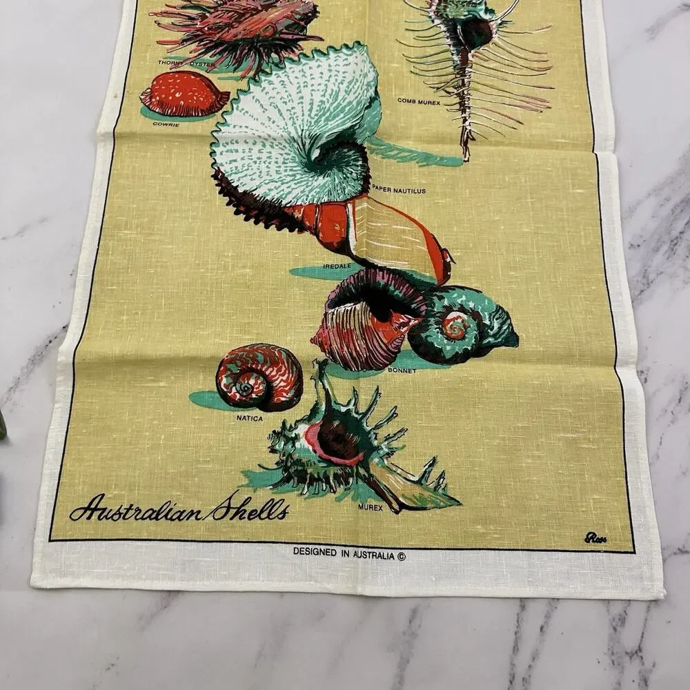 Vintage 70s Australian Sea Shells Linen Tea Towel New Yellow Blue Mollymook NSW